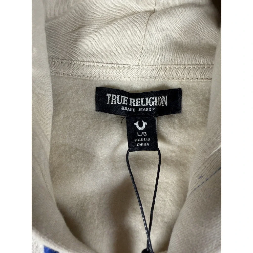 True Religion Men's L Fog Beige Contrast Full Zip Hoodie Buddha Logo New